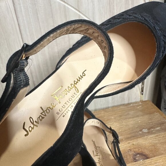 Salvatore Ferragamo Black Suede Square Close Toed Vintage Coquette Block Heels 9 - Picture 6 of 8